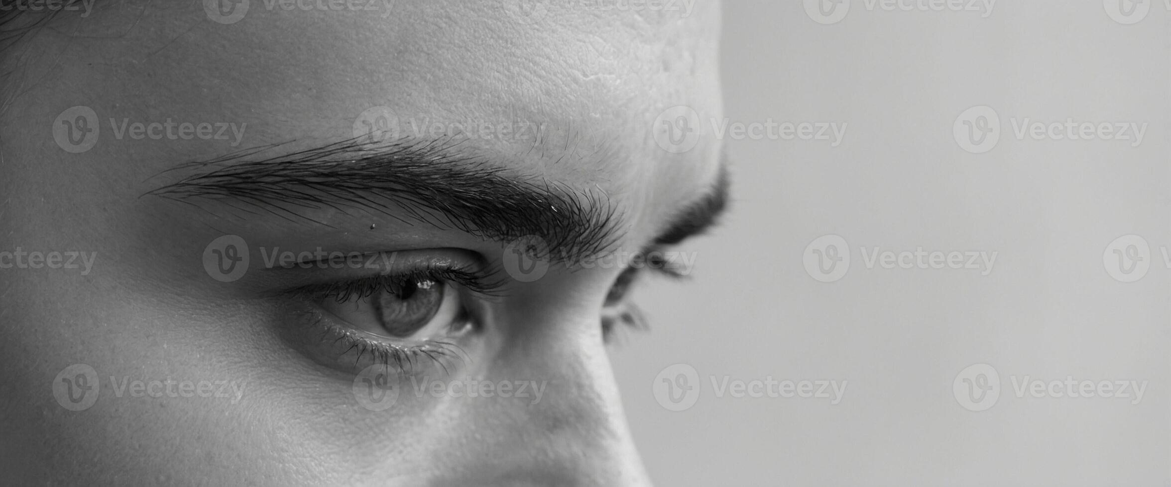 A close up of a man's face with a black and white photo