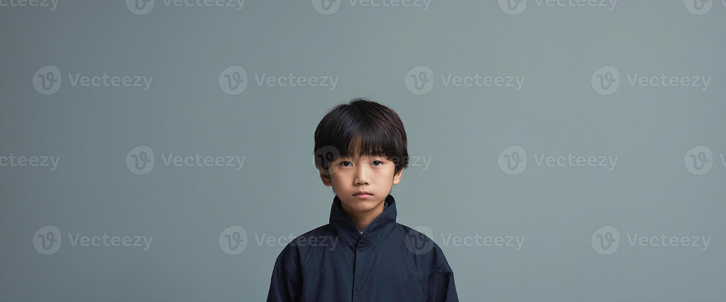 A young boy in a black jacket standing in front of a gray background photo
