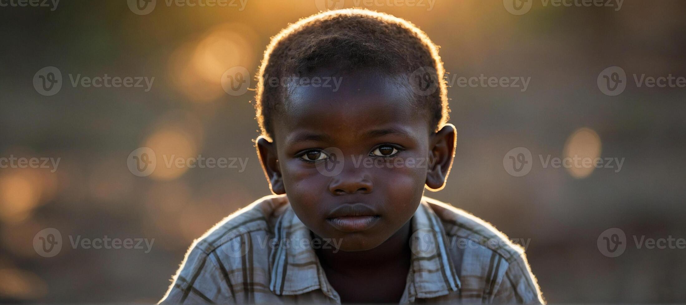 A young boy is looking at the camera in the sun photo