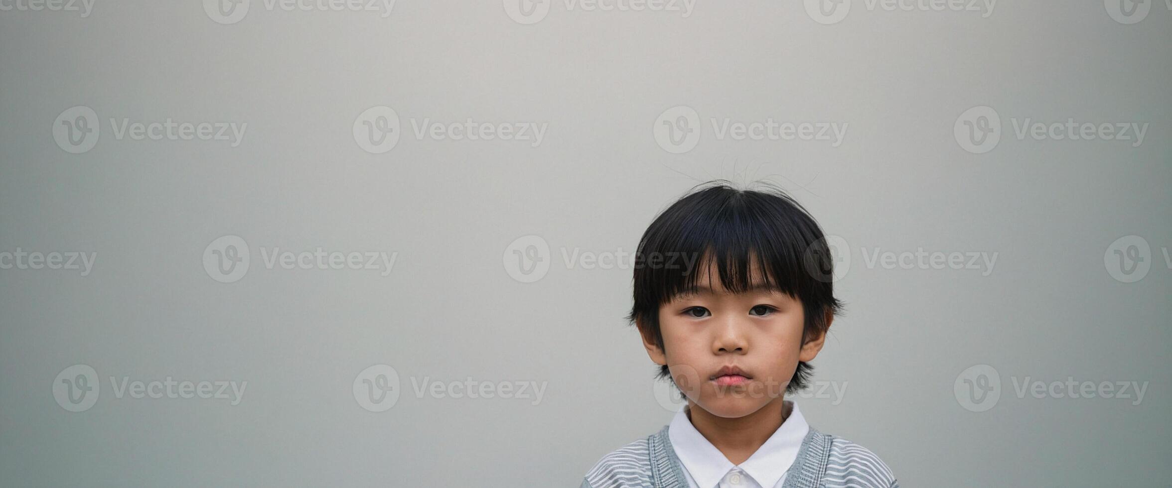 A young boy in a sweater standing in front of a gray background photo