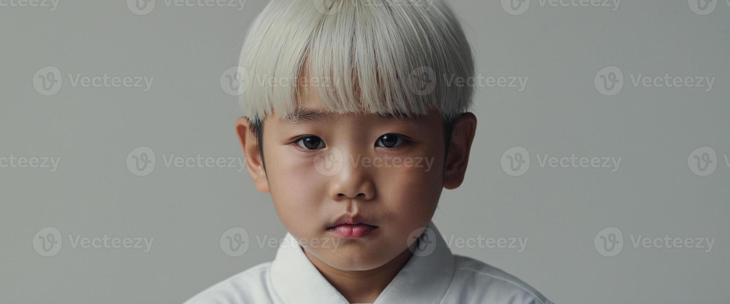 A young boy with white hair and a white shirt photo