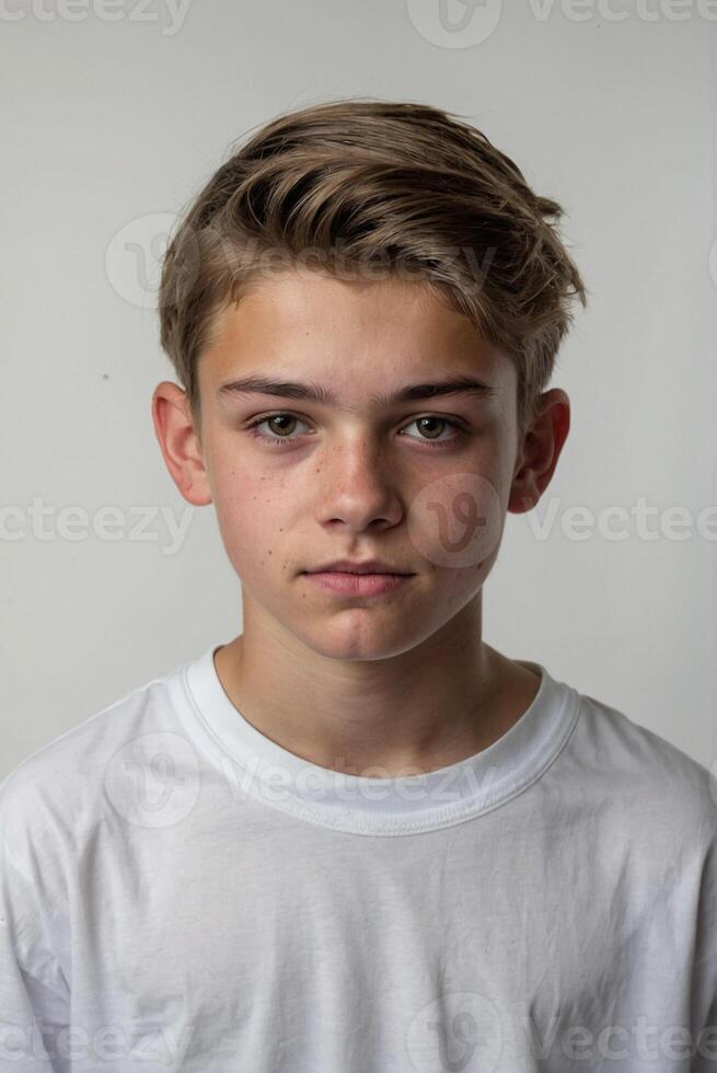 A young boy in a white t - shirt photo