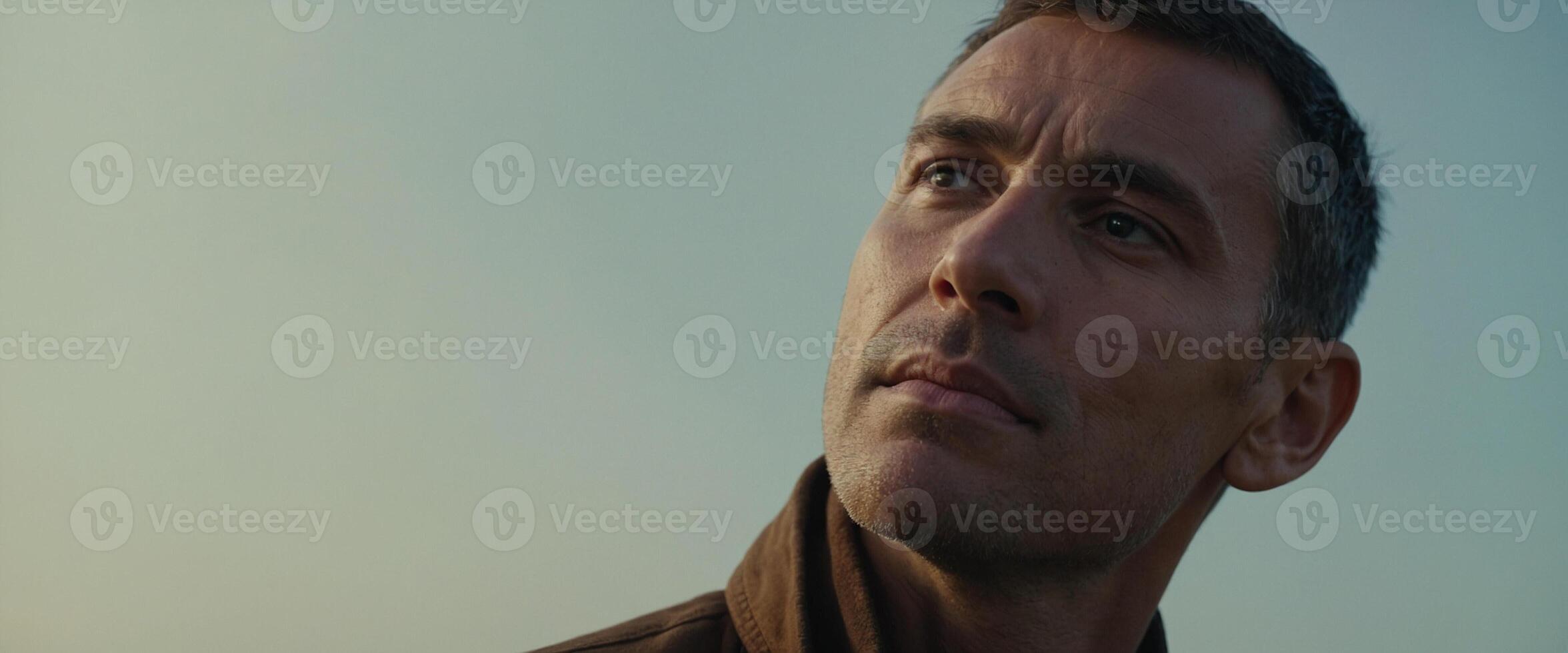 A man in a brown jacket looks up to the sky photo