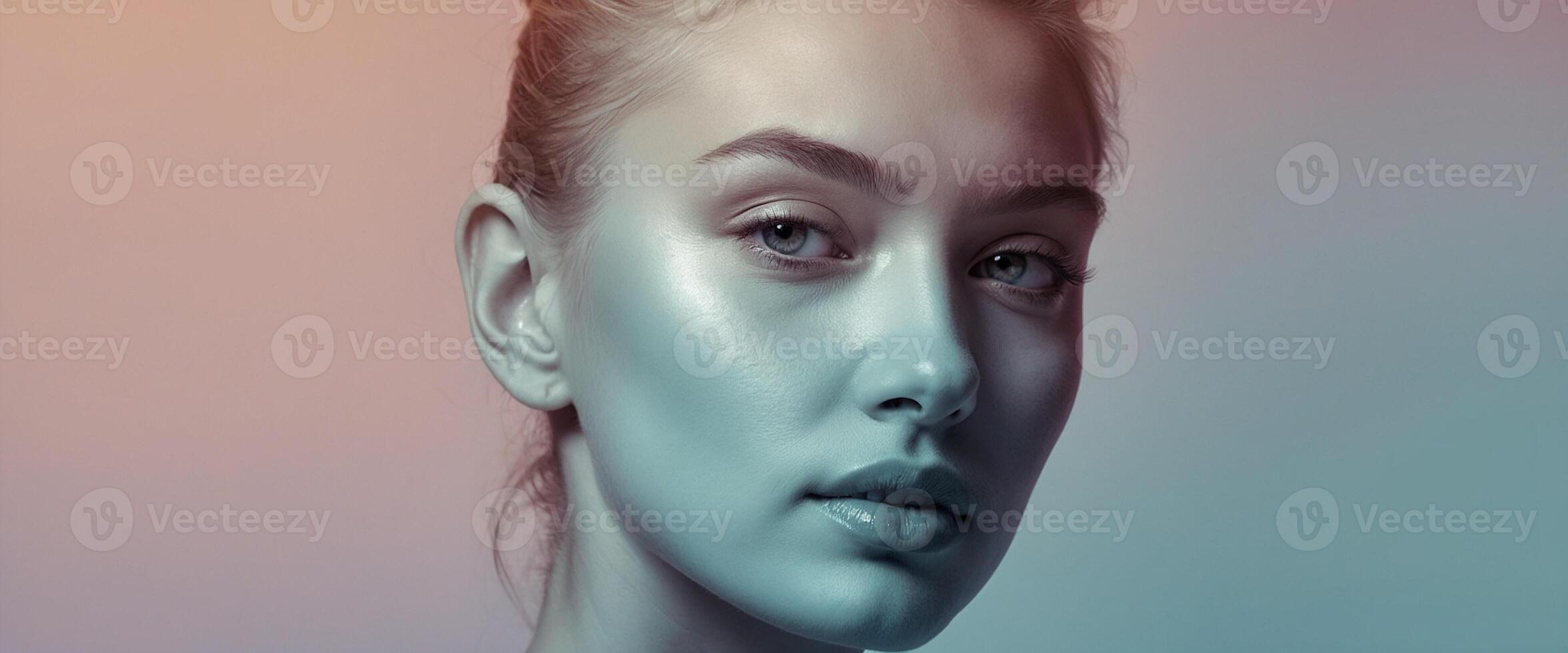 A woman with blue and pink makeup photo