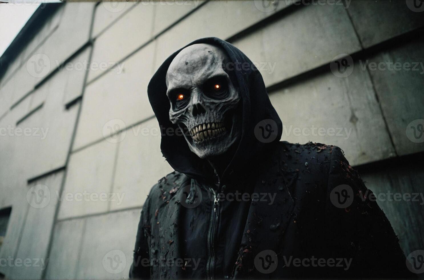 A man in a hoodie with a skull mask photo