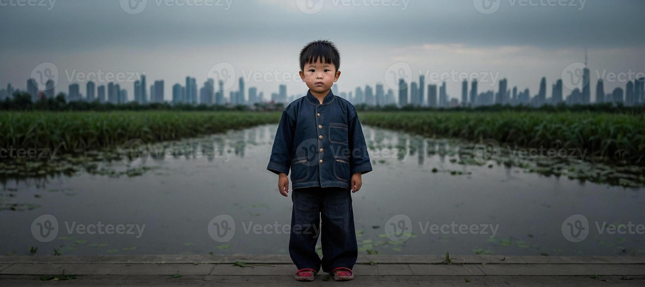 A boy stands on a dock in front of a city photo