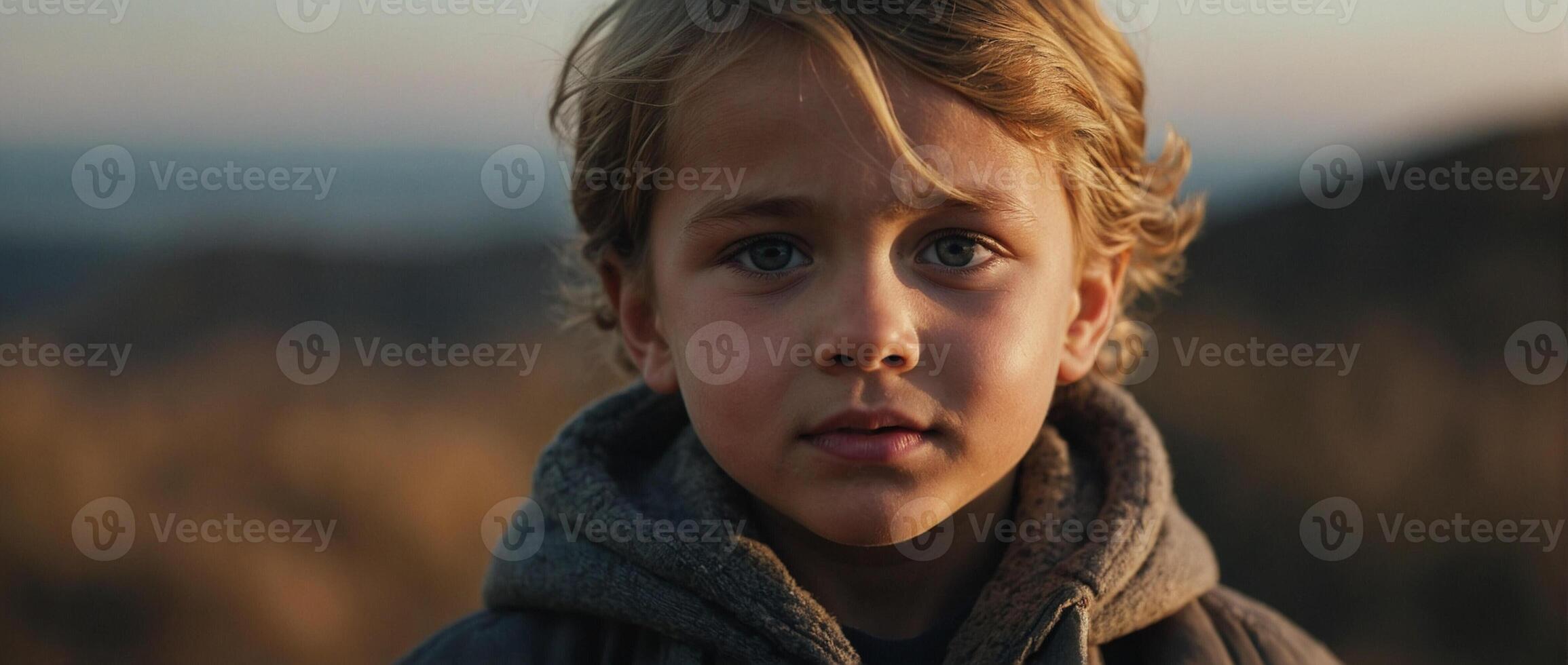 A young boy stares into the camera while standing in front of a mountain photo