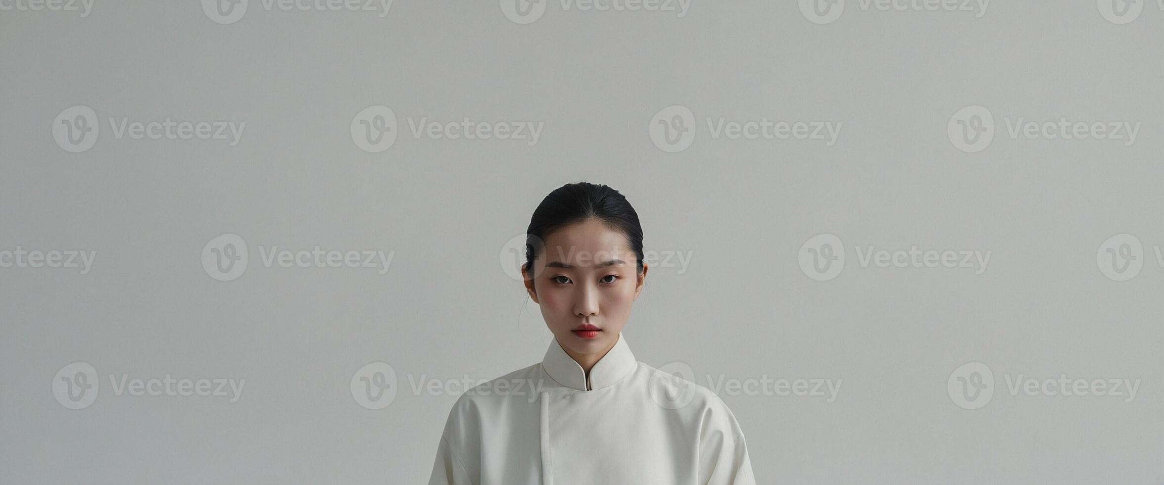 A woman in a white robe standing in front of a white wall photo