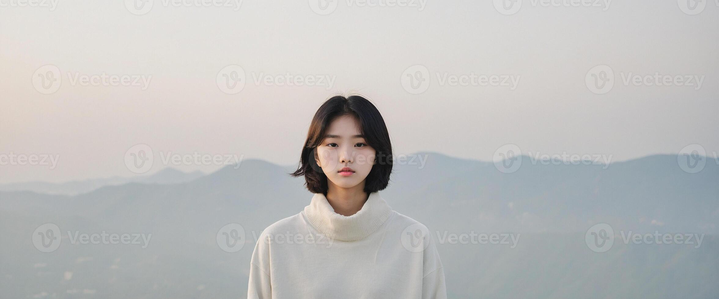 A woman in a white sweater standing on top of a mountain photo