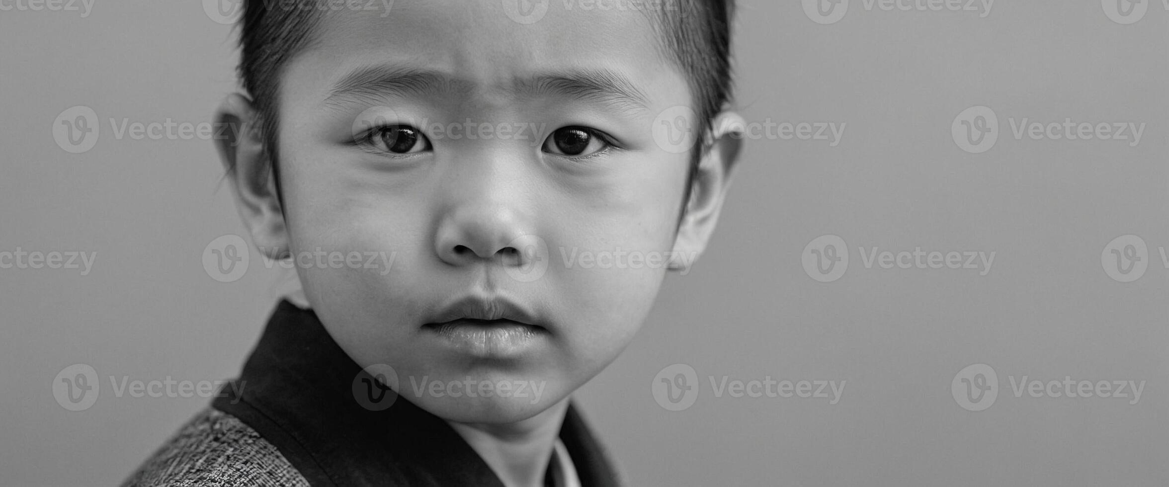 A black and white photo of a young boy