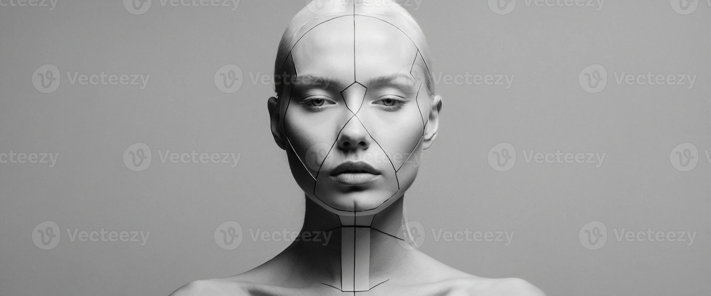 A woman's face is shown with a line drawn on it photo