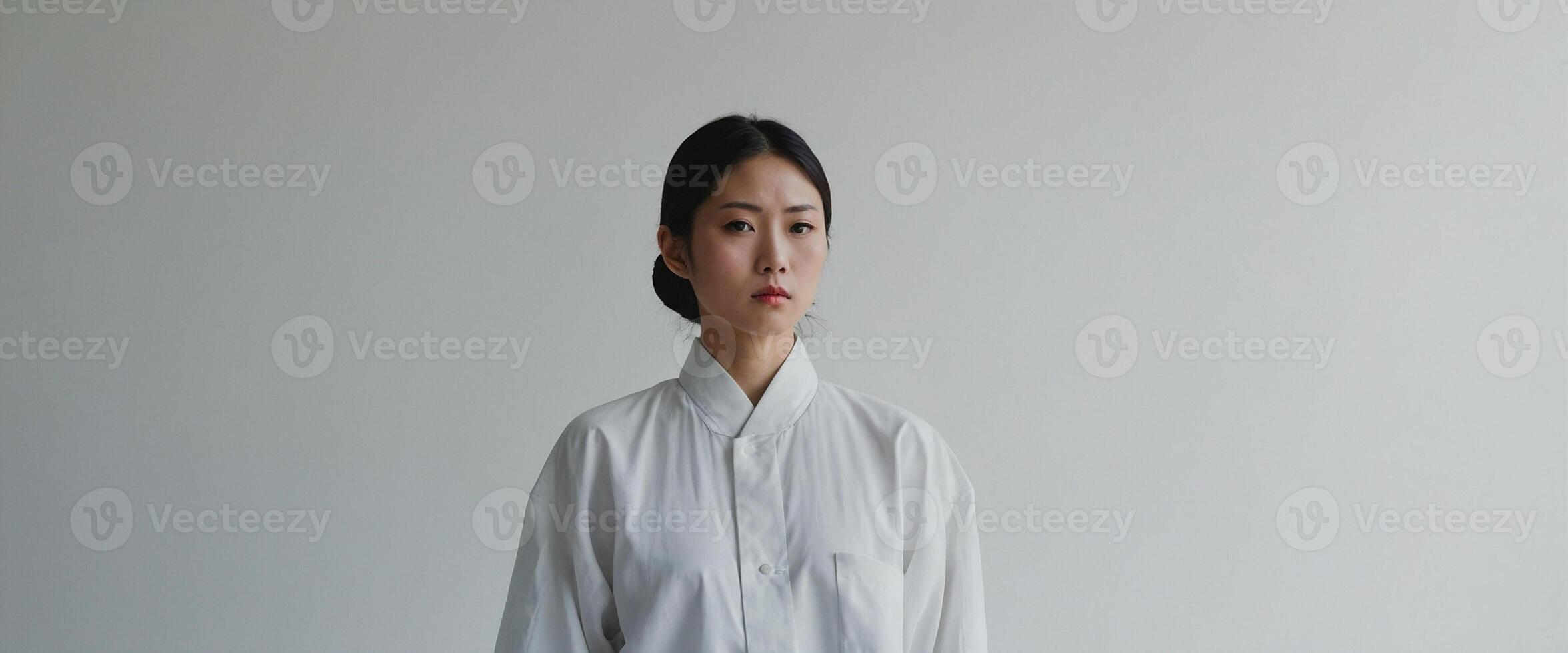 A woman in a white shirt standing in front of a white wall photo