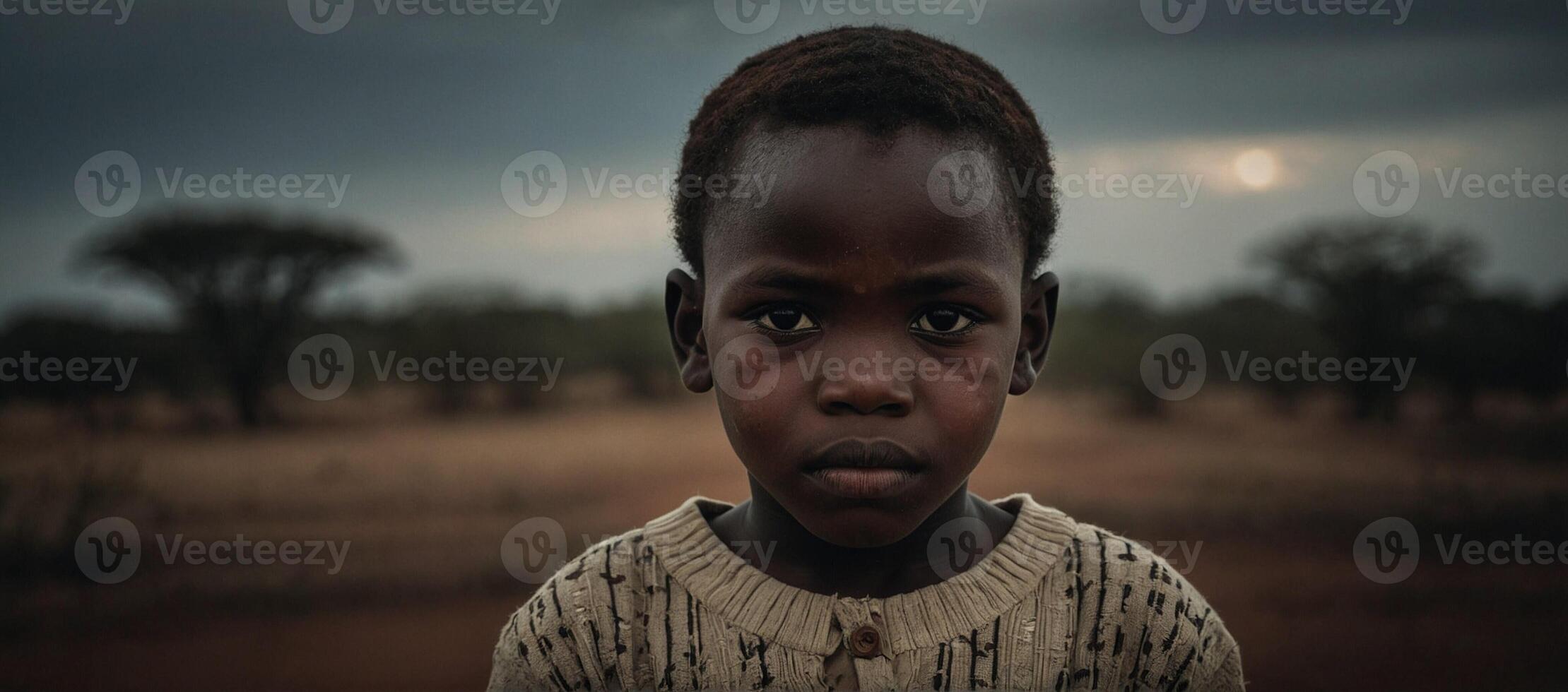 A young boy stares into the camera in a field photo