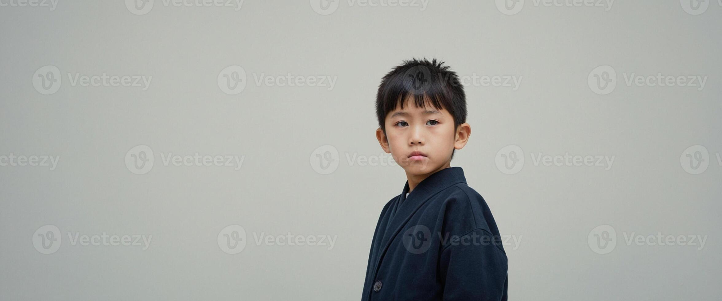 A young boy in a black shirt standing in front of a gray background photo