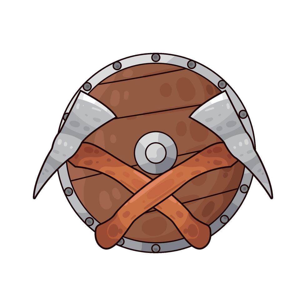 crossed axe and wooden shield vector