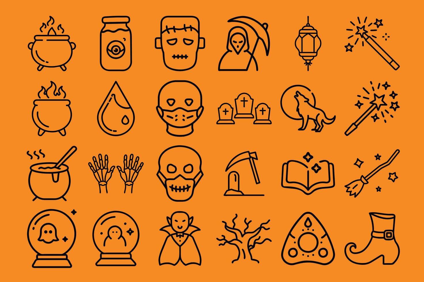 Halloween Icon Set With Witchcraft Elements, Spooky Characters, and Haunted Objects in Line Style vector