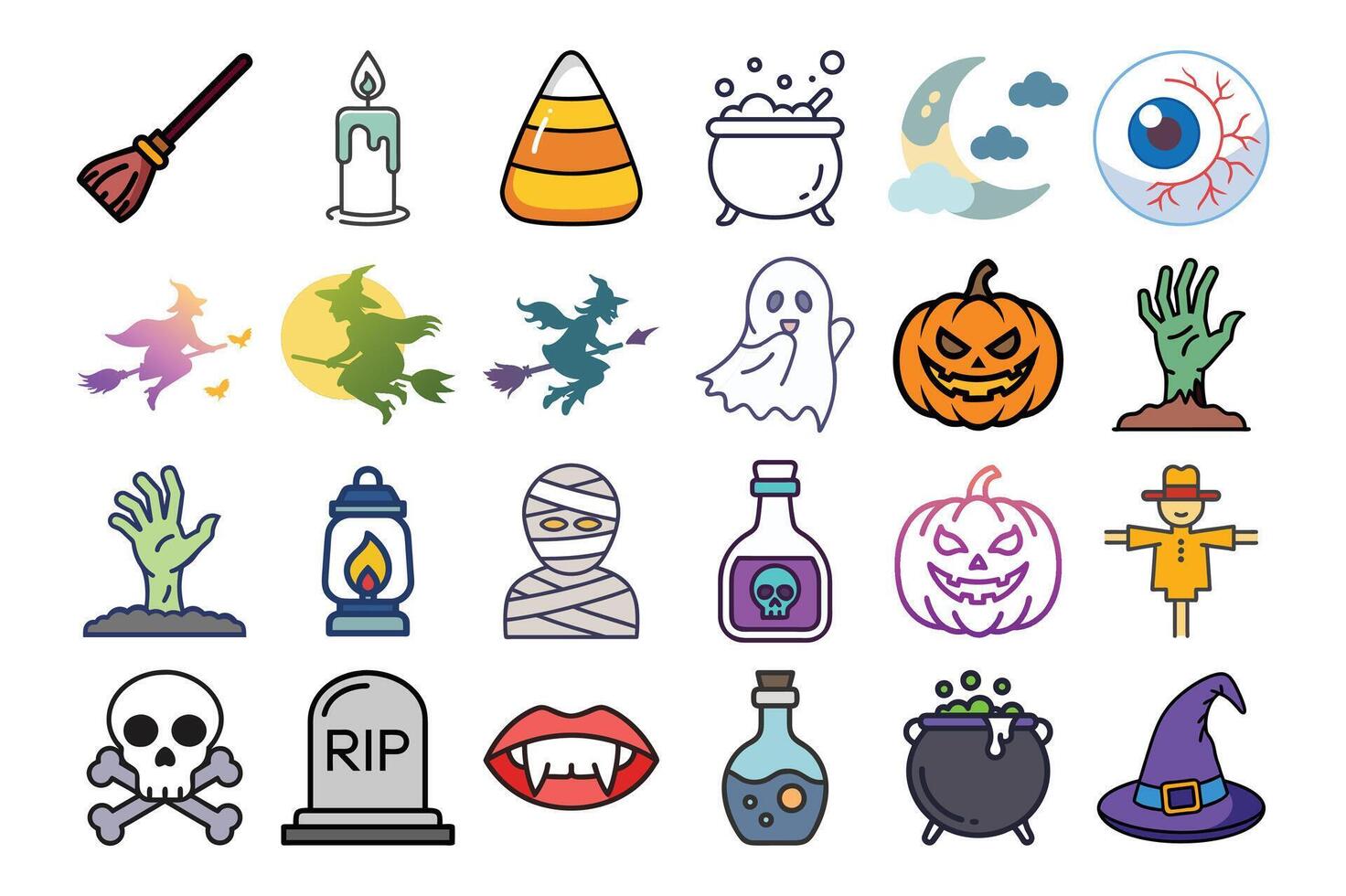 Colorful Halloween Icon Set Featuring Pumpkins, Candy, Bats, and Witches for Fun Party Designs vector