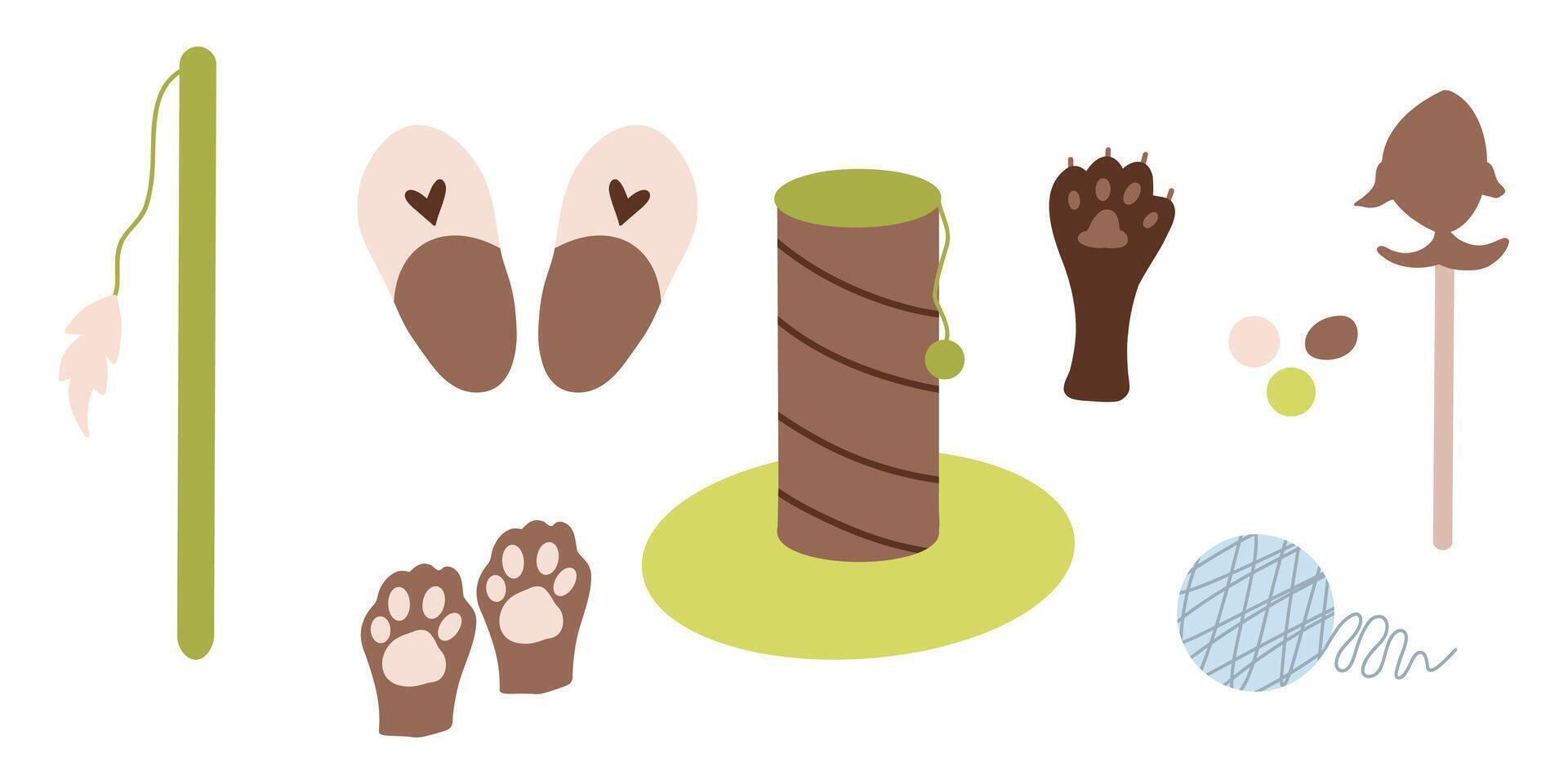Pet supplies clip art, pet accessories clipart, paw, fish, slippers, scratching post. Green, blue illustrations vector