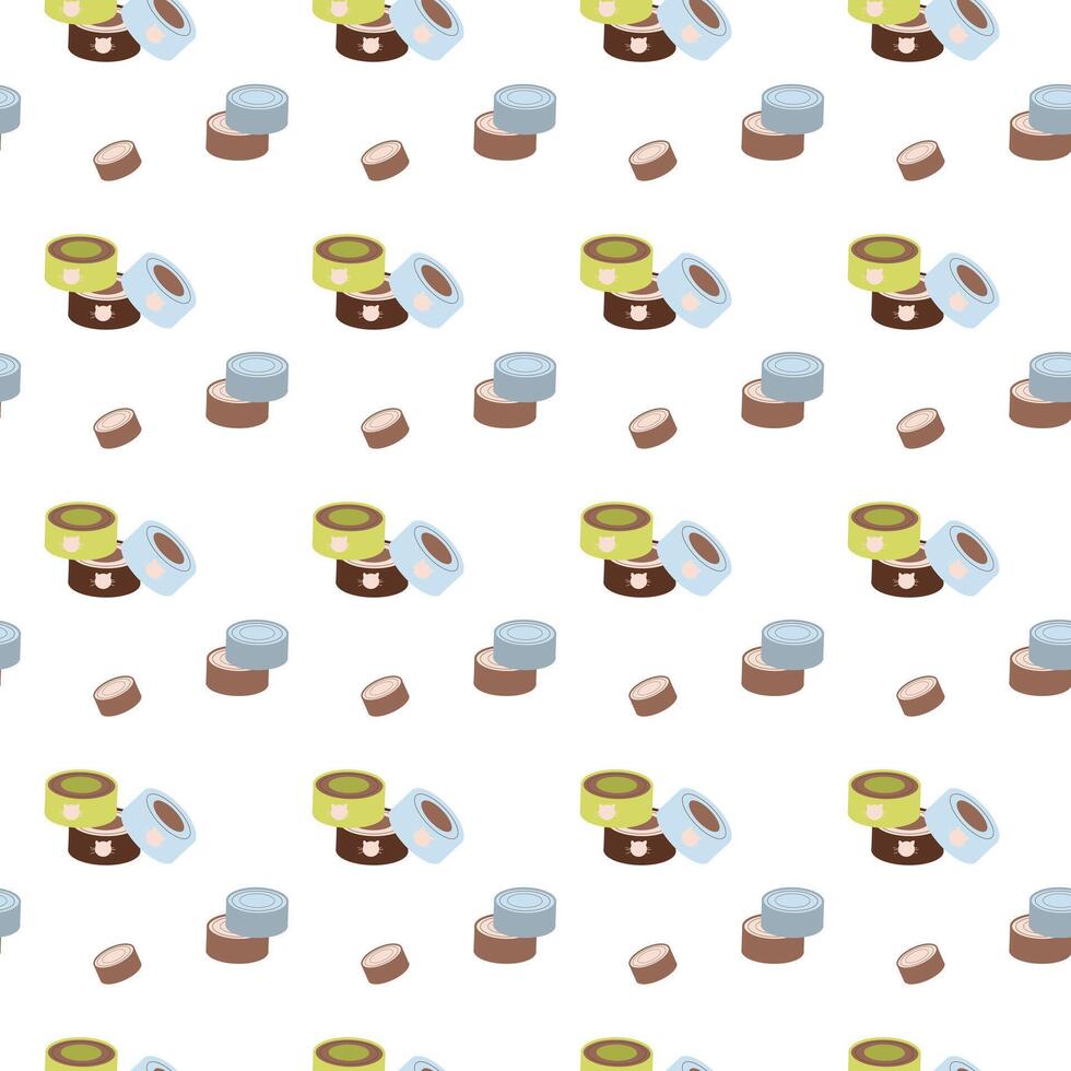 Canned pet food seamless pattern, blue, green and brown cans, tins vector