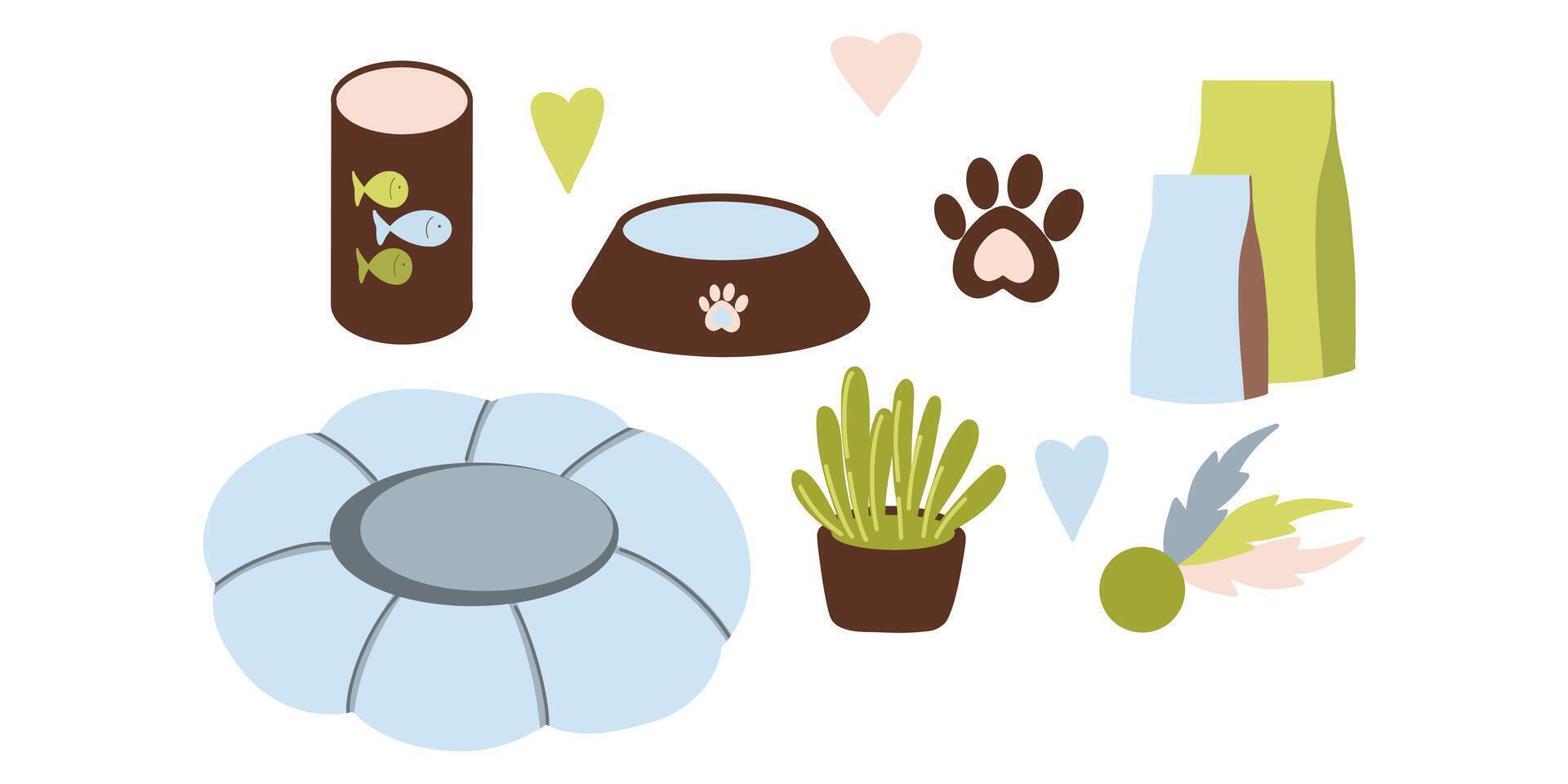 Cat supplies clip art, cat accessories, cat bed, cat food, cat toy, illustrations vector