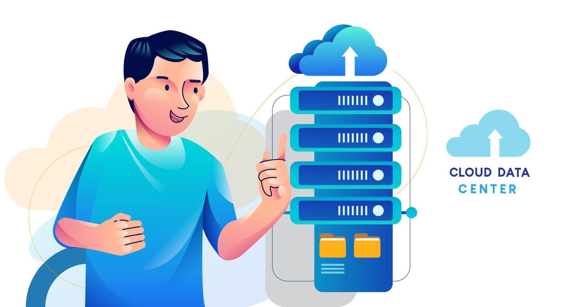 Man with big cloud with arrow as symbol of online storage service. Data download and upload concept. Modern flat design illustration. vector