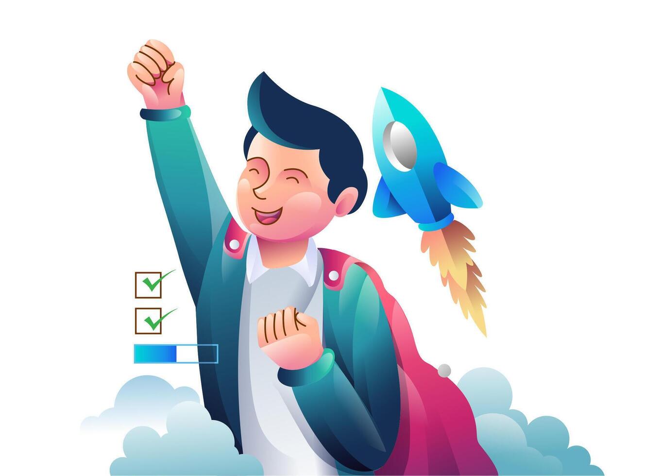 Startup concept concept illustrations. Modern flat design illustration of a motivated young man starting a business venture with a startup concept vector