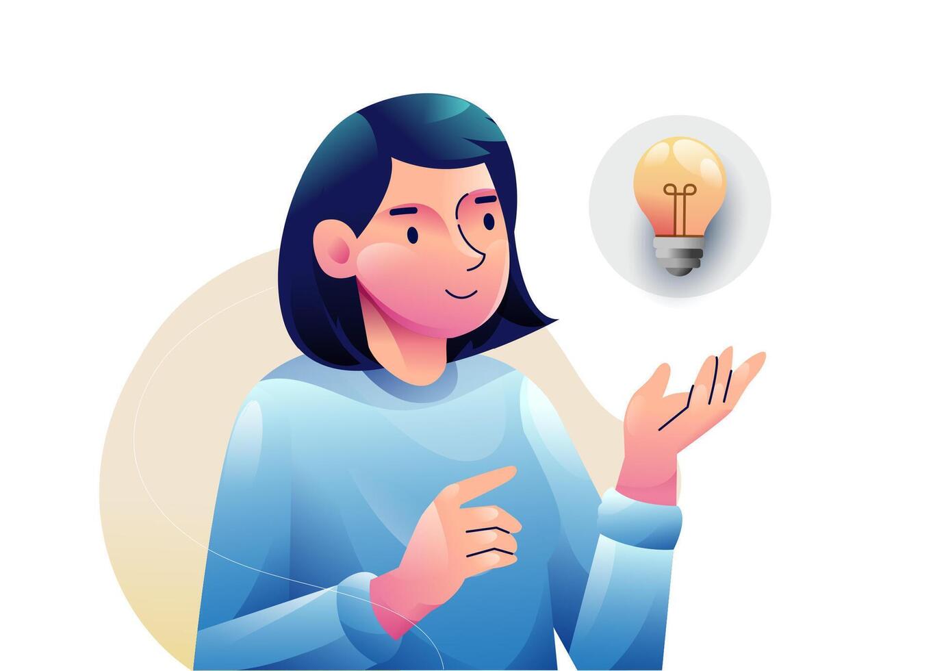 A woman finding Idea illustrations. finding solution, thinking, sharing offers, lightbulbs. Creativity, creation process. vector