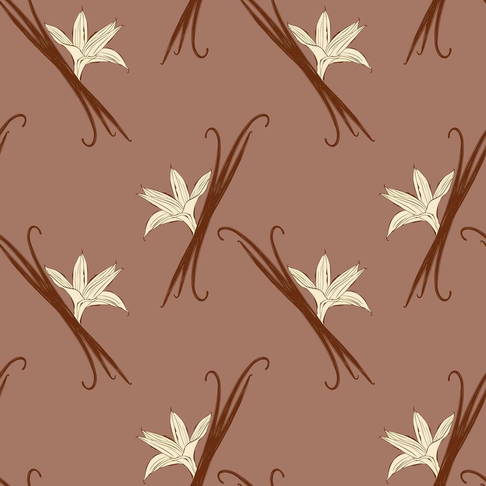 Pattern with beige vanilla flowers and sticks pod, on mocha mousse background. vector