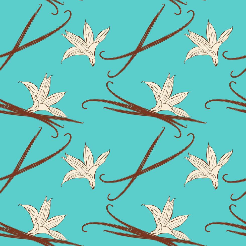 Pattern with aromatic spices Vanilla, flowers and vanilla sticks on bright blue background. vector