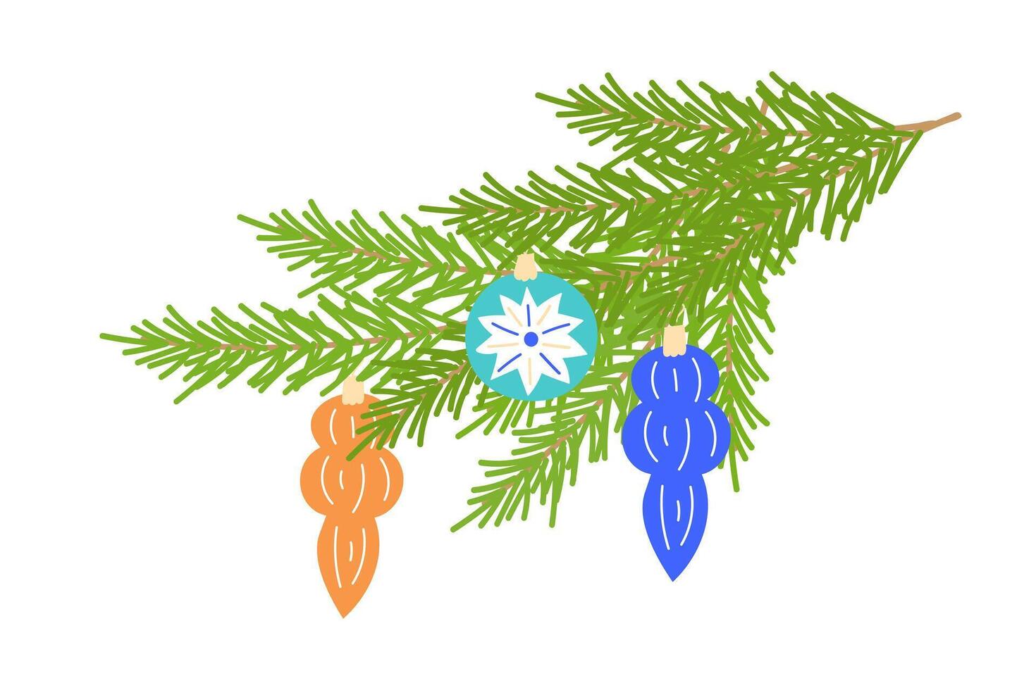 Fir branch with new years christmas decoration toys balls and icicles, Christmas design element, isolated on white background. vector