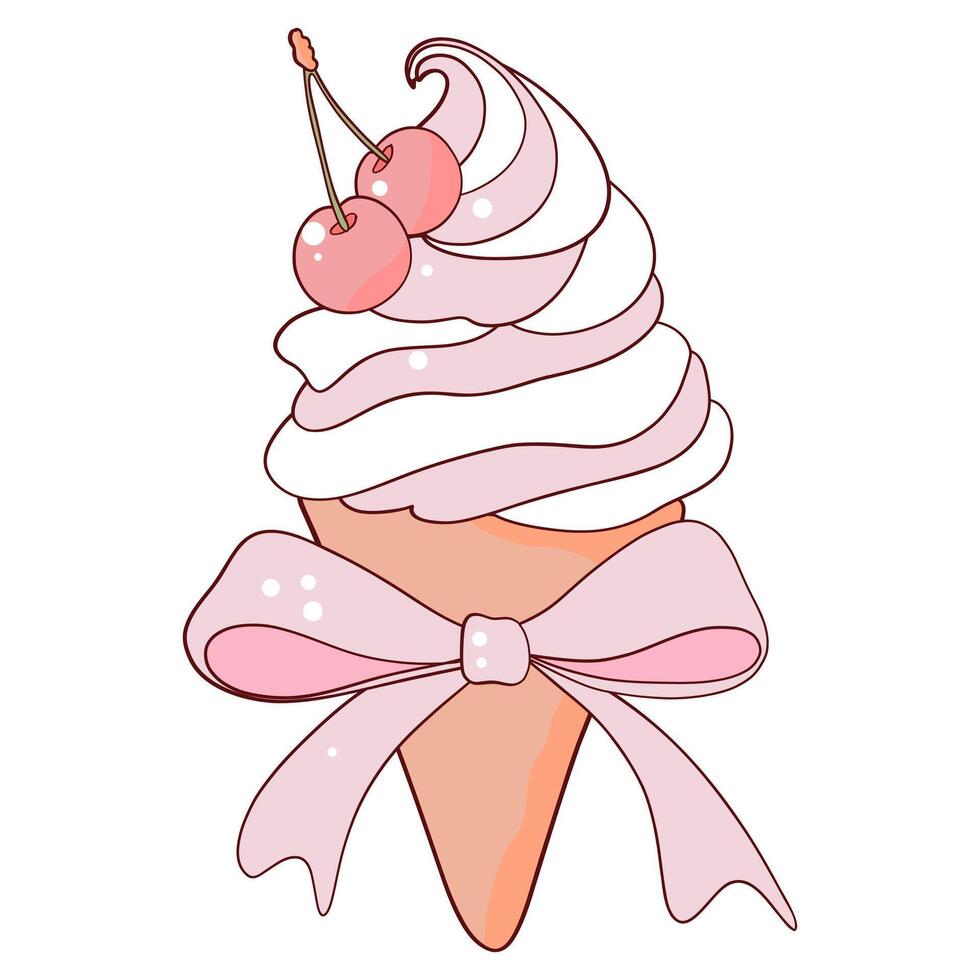 Pink Cherry Ice Cream Cone with Ribbon Bow vector