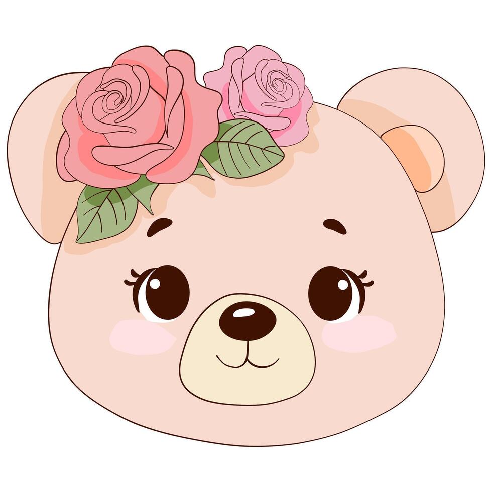 Cute Bear Face with Floral Crown of Pink Roses vector
