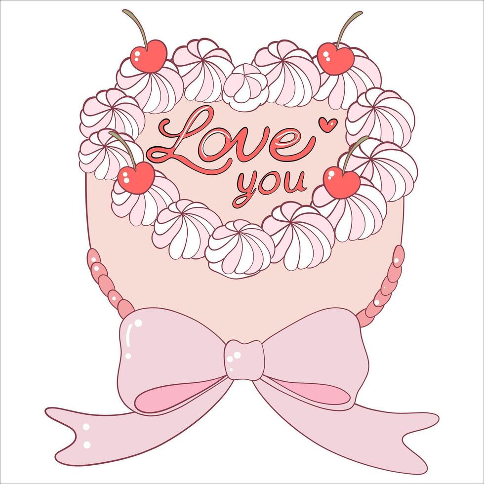 Heart-Shaped Cake with Pink Bow and Cherry Decoration vector
