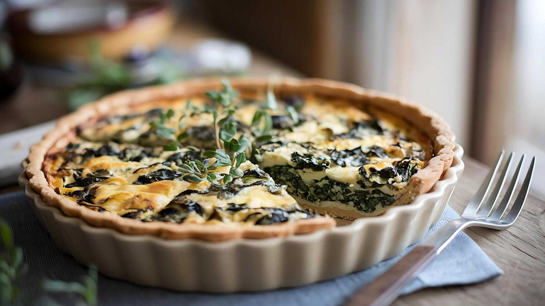 A quiche with spinach and cheese on a table photo