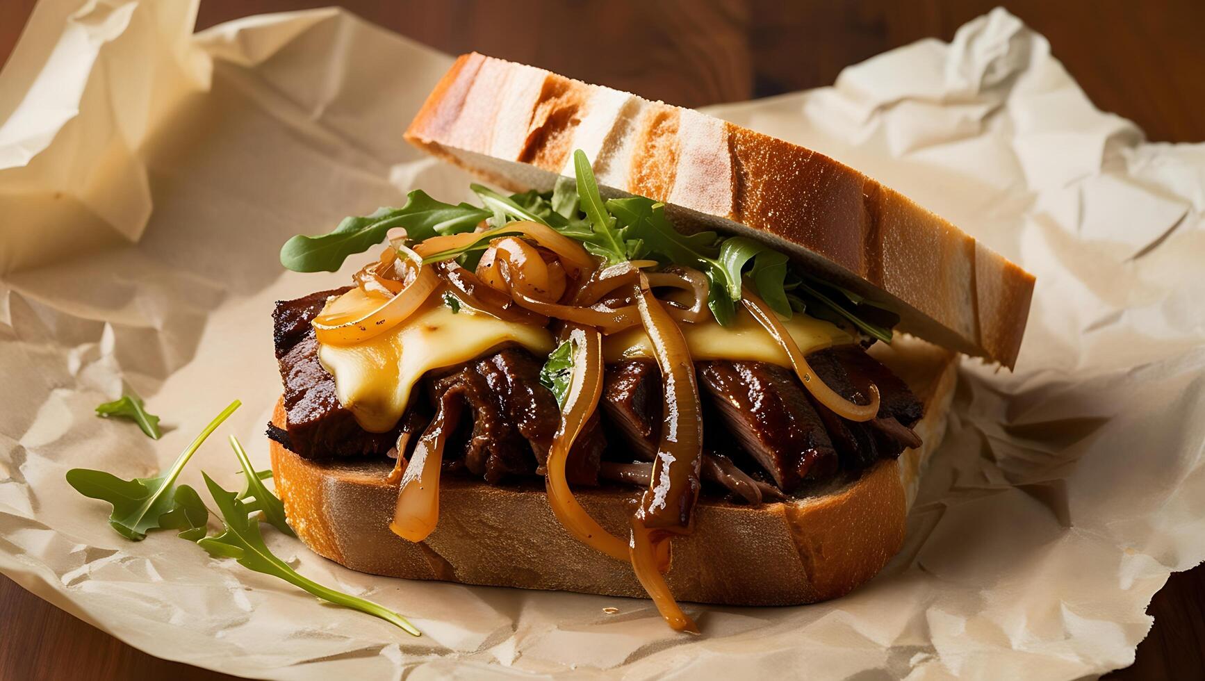 A beef sandwich with cheese and onions on a piece of paper photo