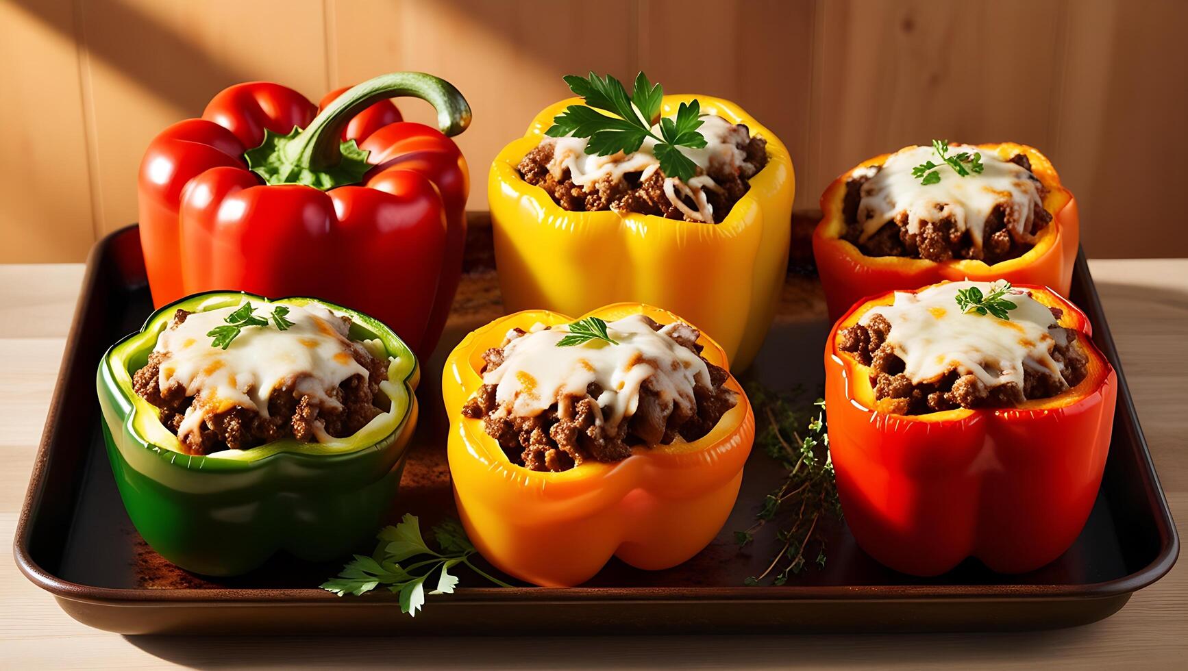A tray of peppers with meat and cheese photo