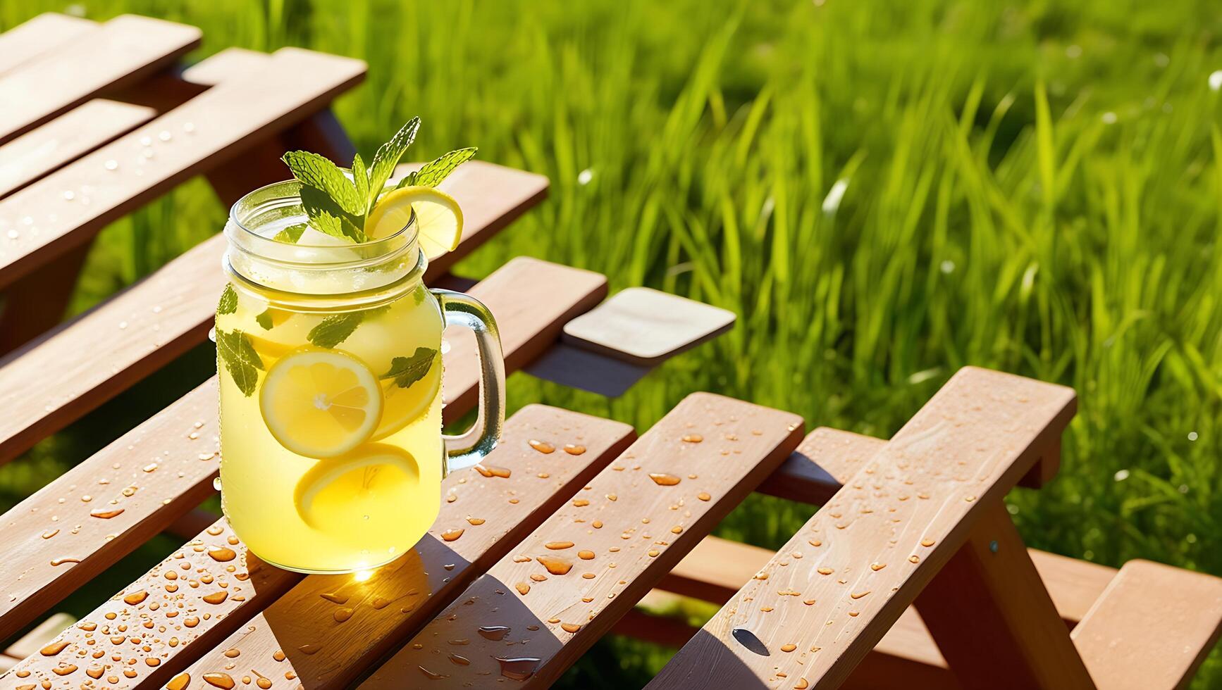 A glass jar with lemon slices and mint on a picnic table photo
