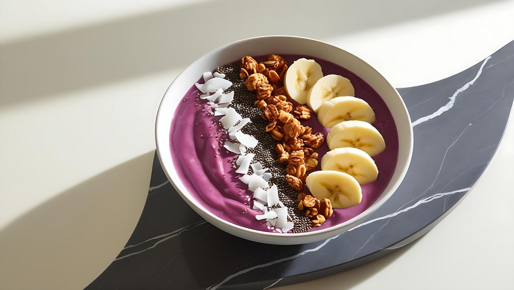 A bowl of purple smoothie with bananas and nuts photo