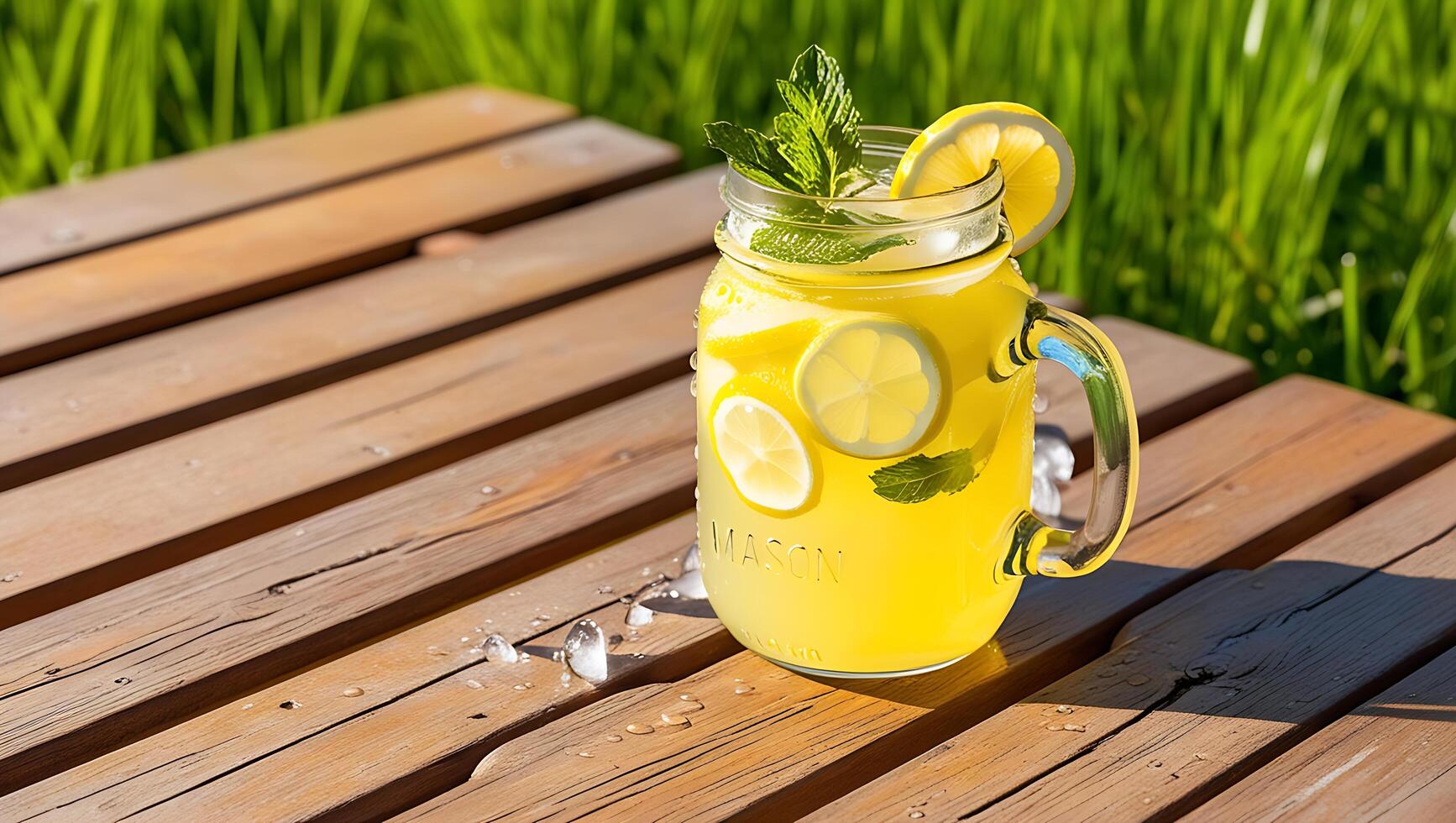A glass jar with lemon slices and mint leaves sitting on a table photo