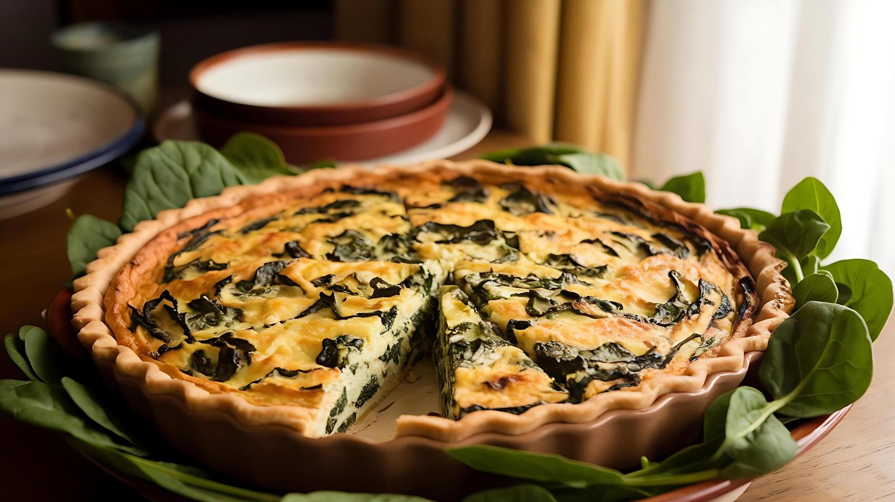 A quiche with spinach and cheese on top photo