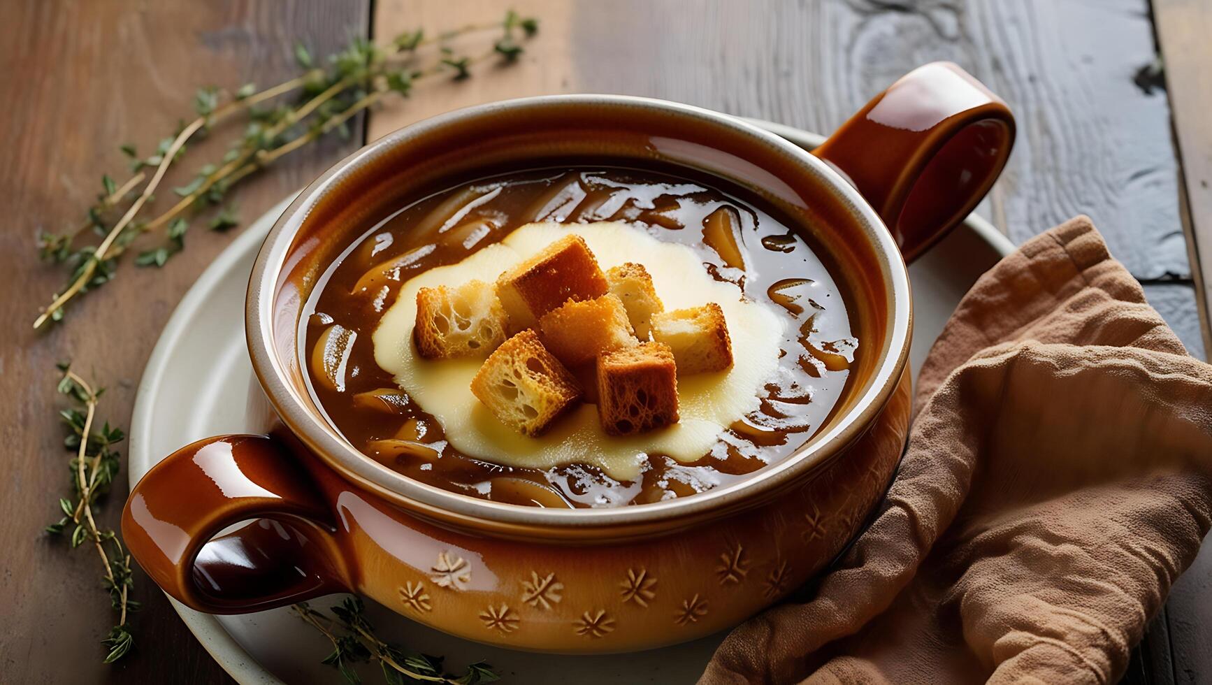 French onion soup with croutons photo