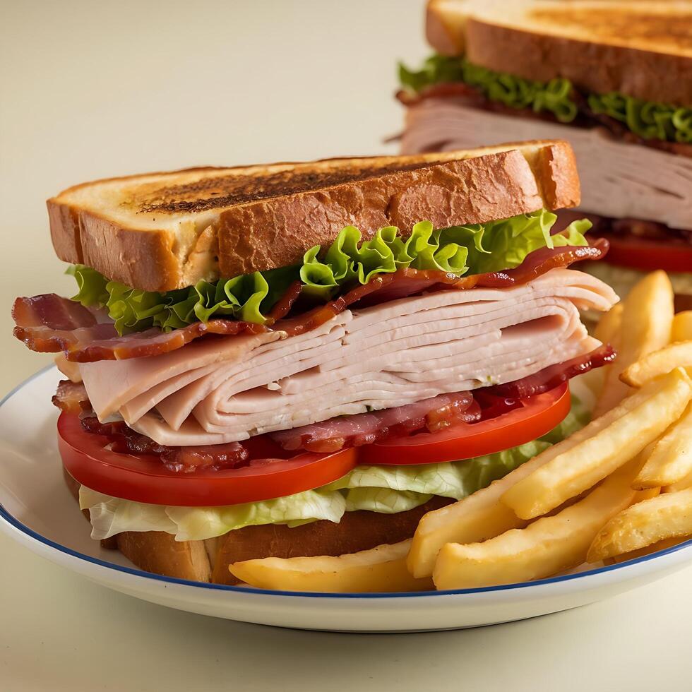 A turkey sandwich and french fries on a plate photo