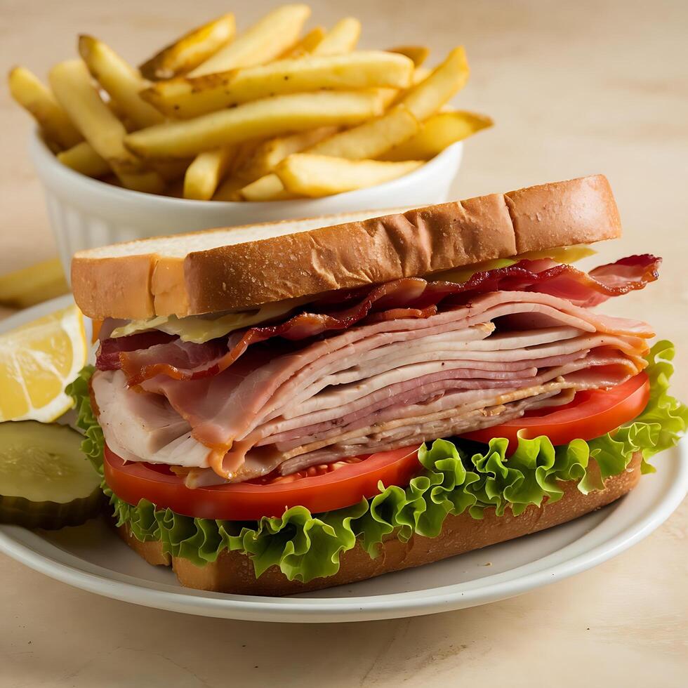 A sandwich with ham, lettuce, tomato, and cheese on a white plate photo