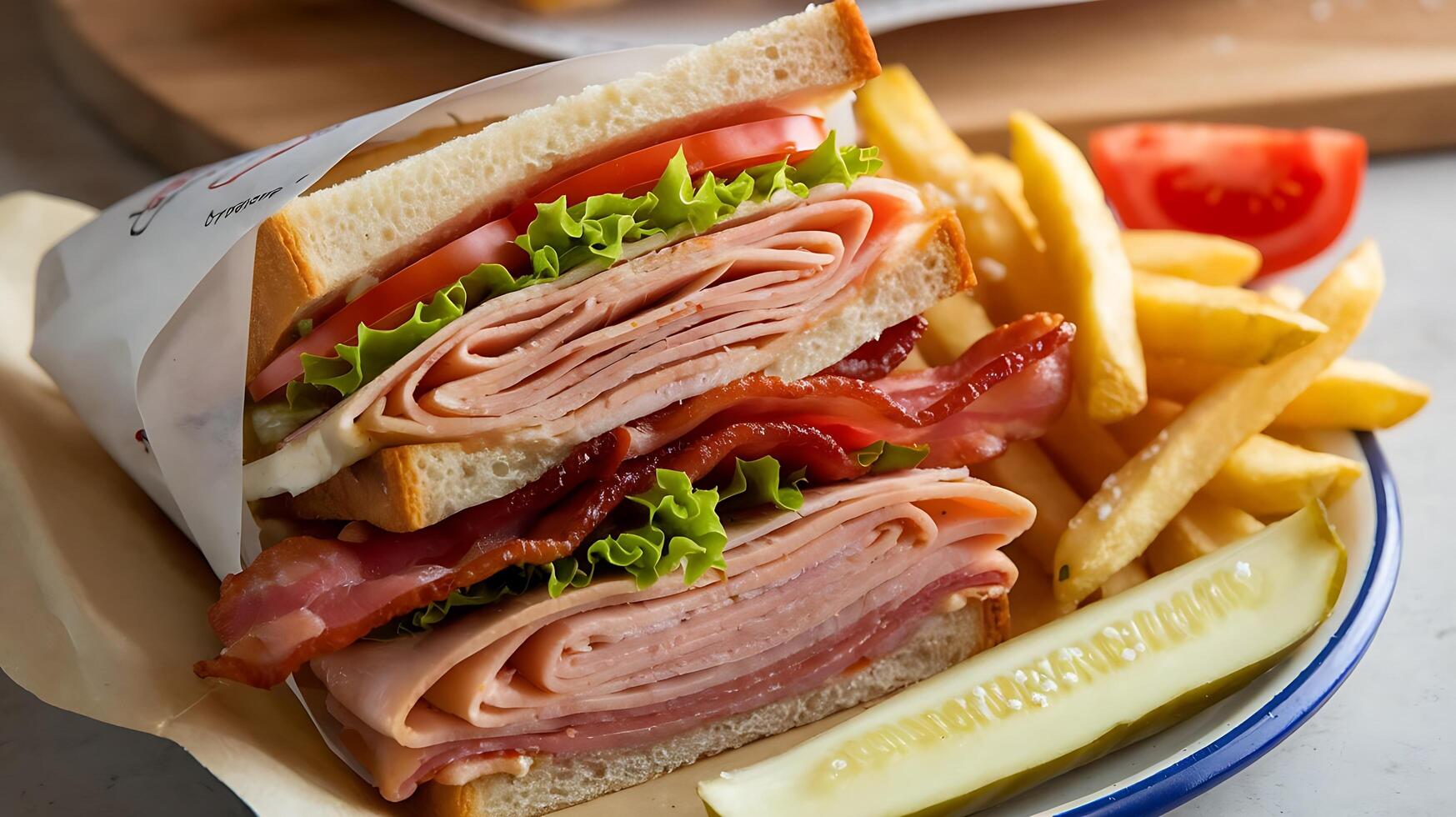 A club sandwich with ham, lettuce, tomato, and pickles photo
