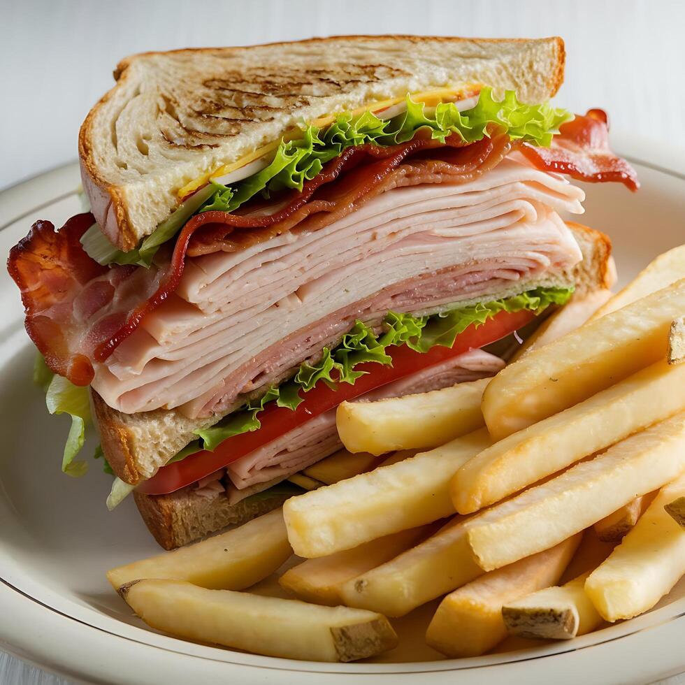 A sandwich and french fries on a plate photo