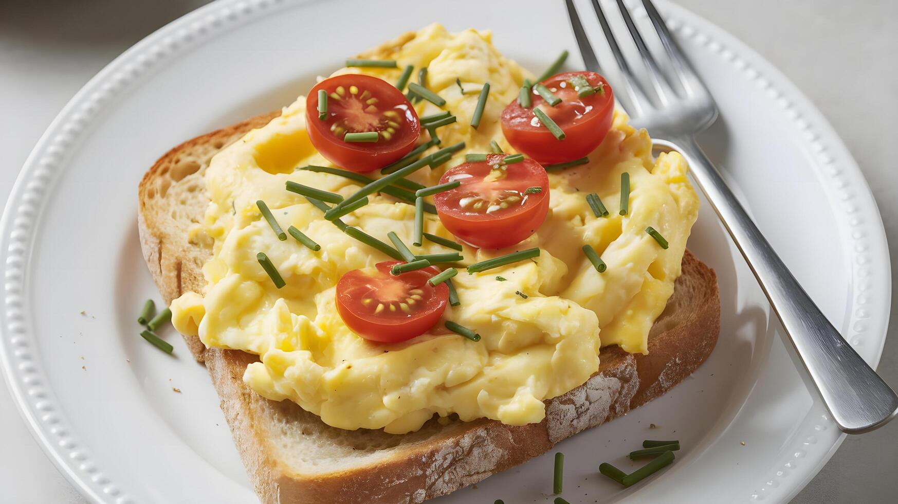 Scrambled eggs with tomatoes and chives photo