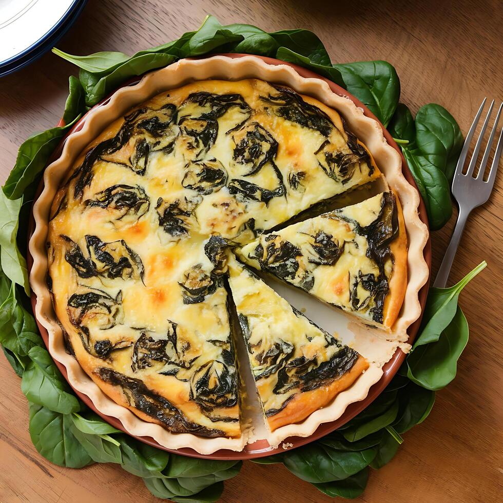 A quiche with spinach on a table photo