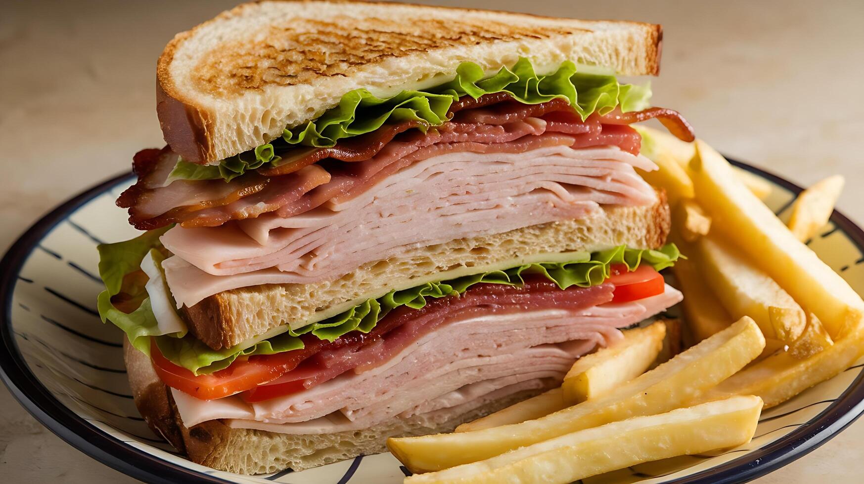 A sandwich with lettuce, tomato, and ham on a plate photo
