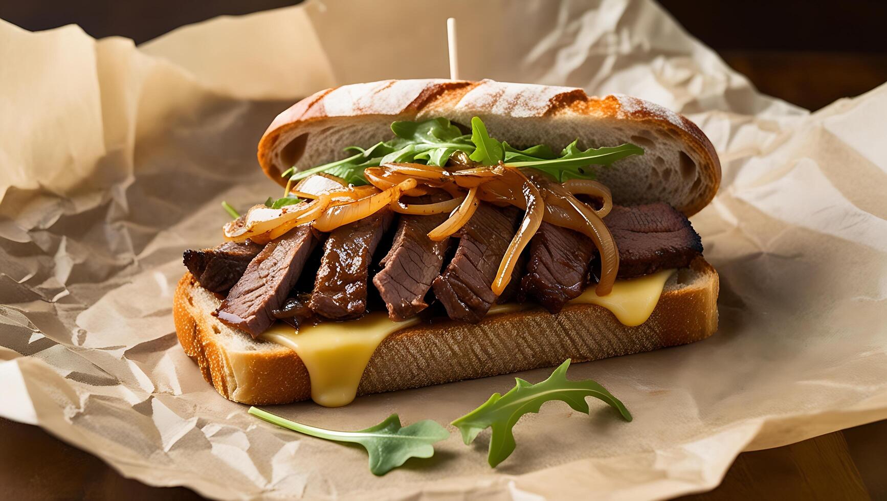 A sandwich with meat and cheese on a piece of paper photo