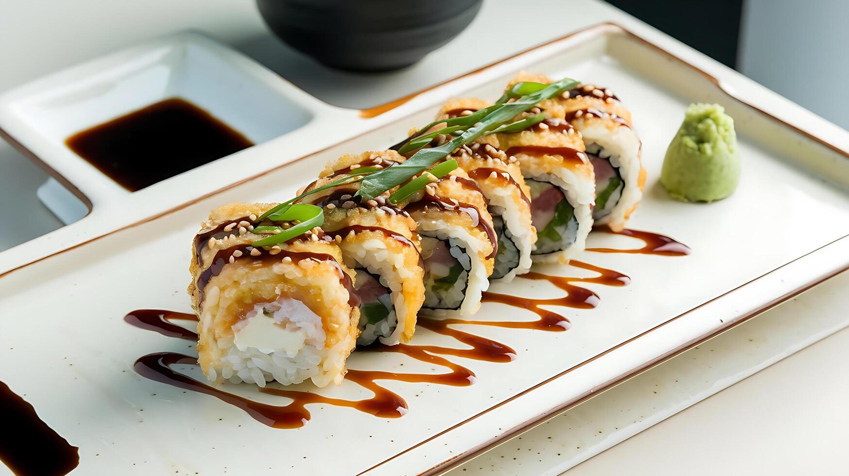A sushi roll with sauce and green onions photo
